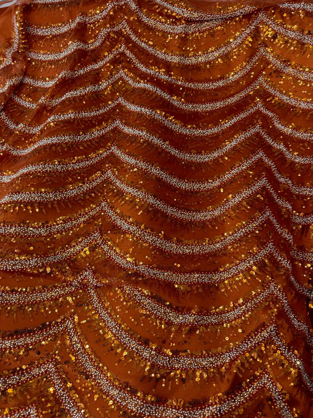 Tissu perlé 2 tons orange et argent - Coupon 3,5 mètres